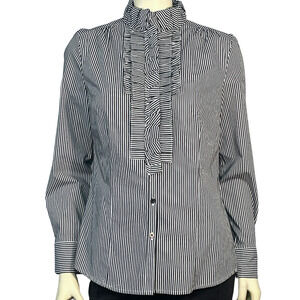 Worthington Sz M Button Down Blouse Ruffled Neckline Black White Pinstripe New